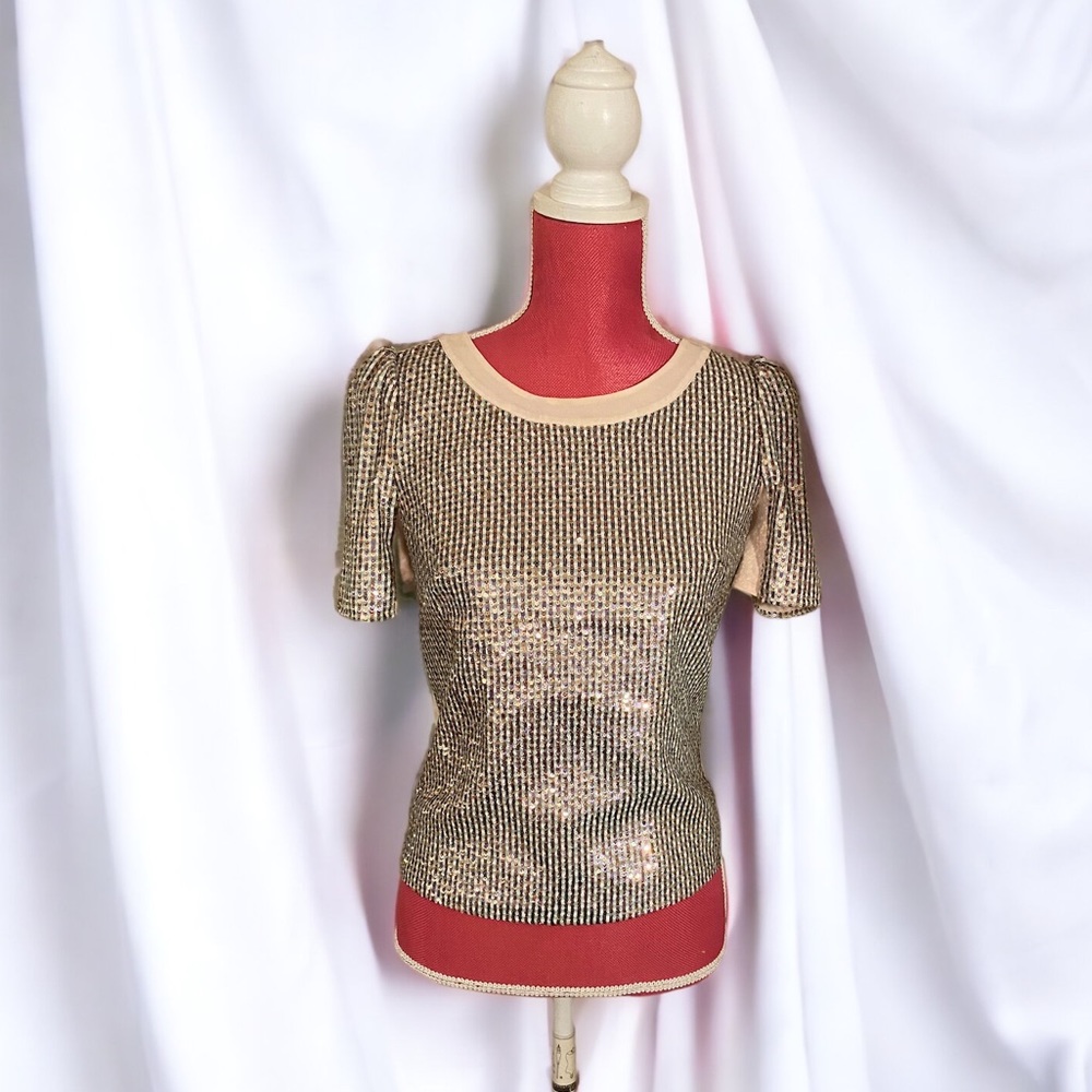Lovely Cream Blush Bebe Light Pink Silver Sequin Cap Sleeve Blouse Party Top XS